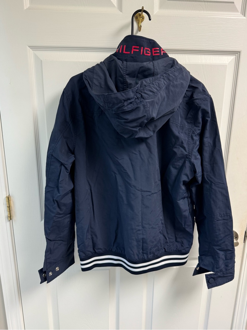 Tommy Hilfiger Men’s Vtg Navy Hooded Regatta Yacht Jacket with Stripe Trim M - Picture 3 of 16